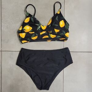 Lemon Print Black Two-Piece Bikini